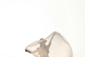 Woman obscured by fabric blowing in a breeze.